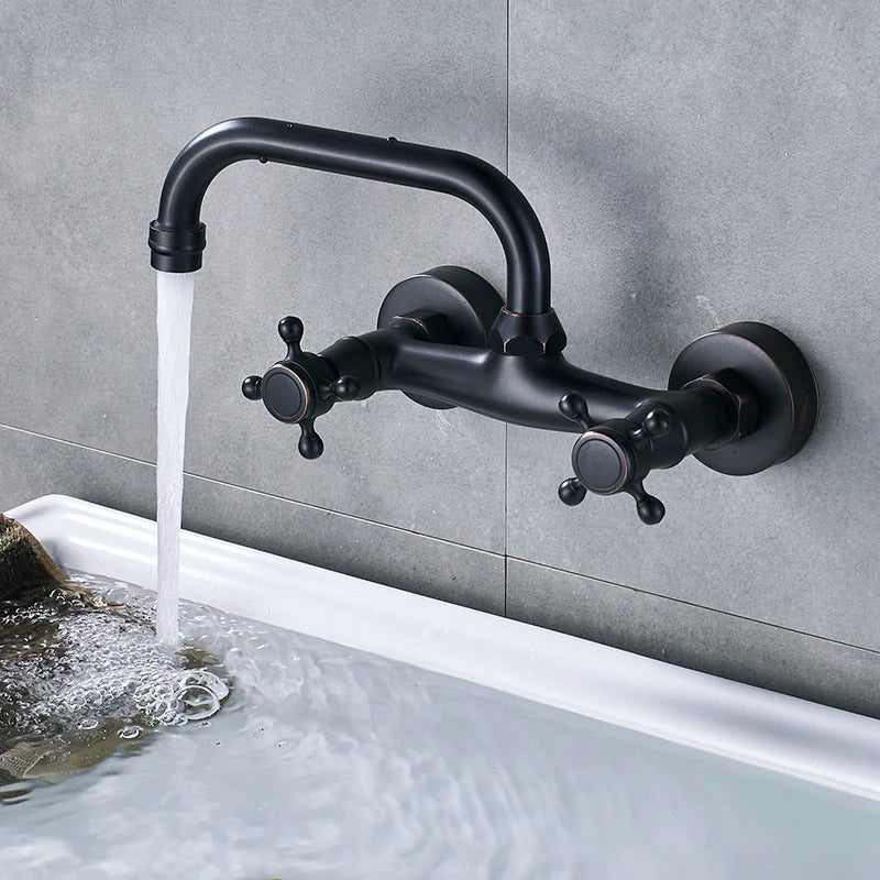 SHBSHAIMY ORB Black Basin Faucet 360 Swivel Spout Wall Mounted Faucet Dual Handles Dual Holes Hot and Cold Water Mixer Tap
