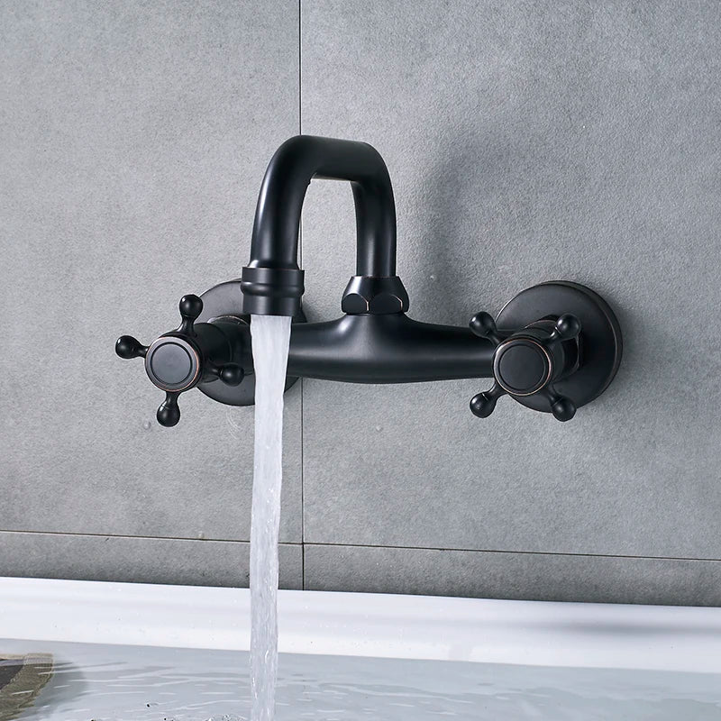 SHBSHAIMY ORB Black Basin Faucet 360 Swivel Spout Wall Mounted Faucet Dual Handles Dual Holes Hot and Cold Water Mixer Tap