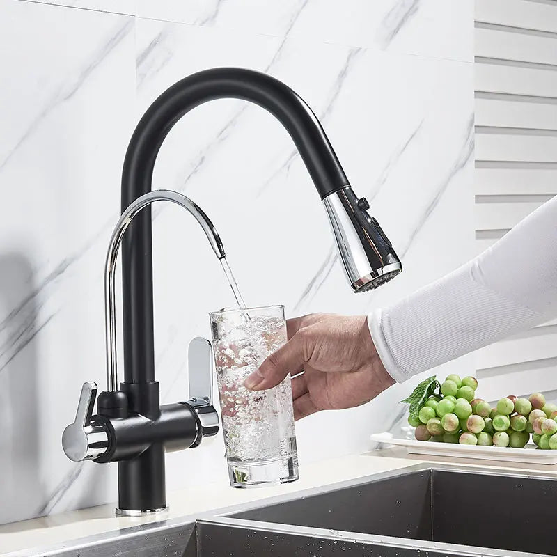 Filtered Crane For Kitchen Matte Black Pull Out Spray 360 Rotation Water Filter Tap Three Ways Sink Mixer Kitchen Faucet