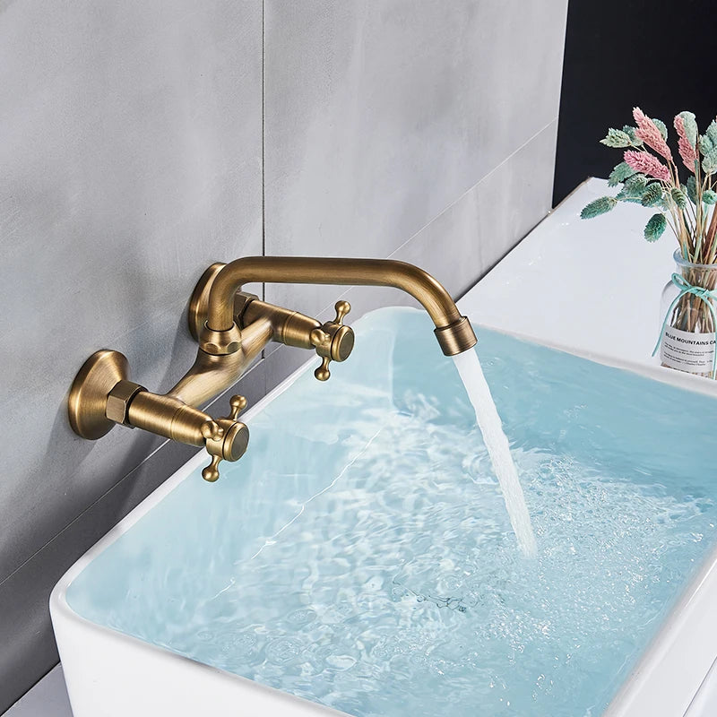 SHBSHAIMY ORB Black Basin Faucet 360 Swivel Spout Wall Mounted Faucet Dual Handles Dual Holes Hot and Cold Water Mixer Tap
