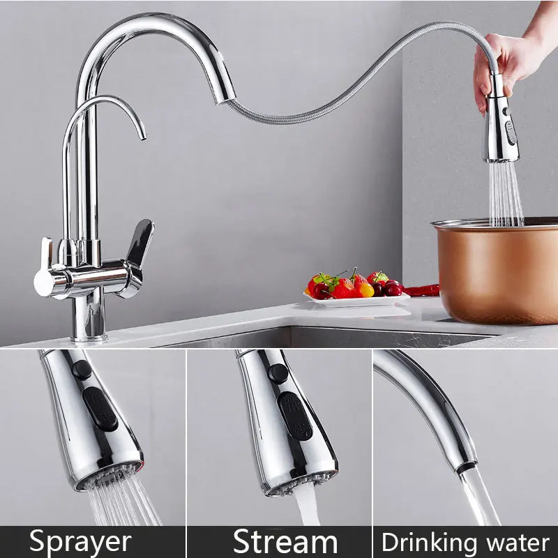 Filtered Crane For Kitchen Matte Black Pull Out Spray 360 Rotation Water Filter Tap Three Ways Sink Mixer Kitchen Faucet