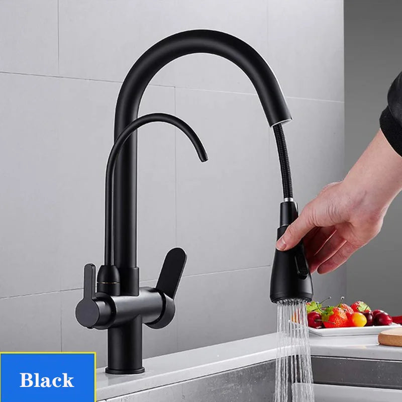 Filtered Crane For Kitchen Matte Black Pull Out Spray 360 Rotation Water Filter Tap Three Ways Sink Mixer Kitchen Faucet
