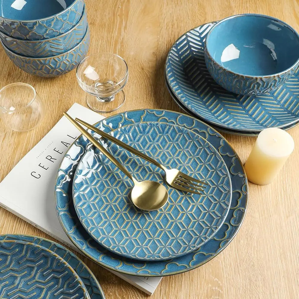 Sureasy Ceramic Dinnerware Set For 4-16 Pieces Emed Plates And Bowls Sets, Scratch Resistant Dish Set, Microwave, Oven &