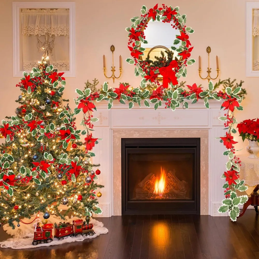 Christmas Garland 6.6Ft Artificial Christmas Garland, Pine Garland with Pine Cones, Red Berry, Red Flower Christmas Decoration f