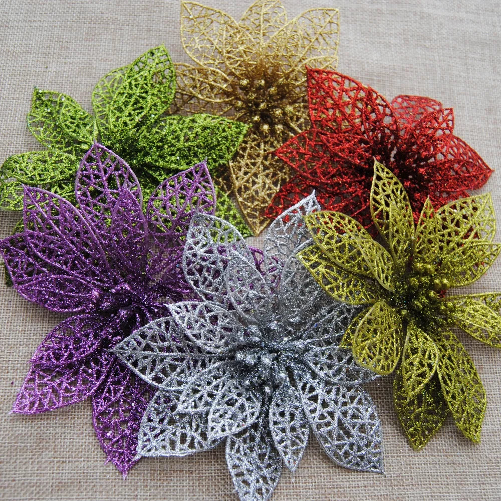 10Pc 6''(10cm) Glitter Hollow Artificial Flower for Children Birthday Party Decoration New Year Christmas Decor for Home Orchid