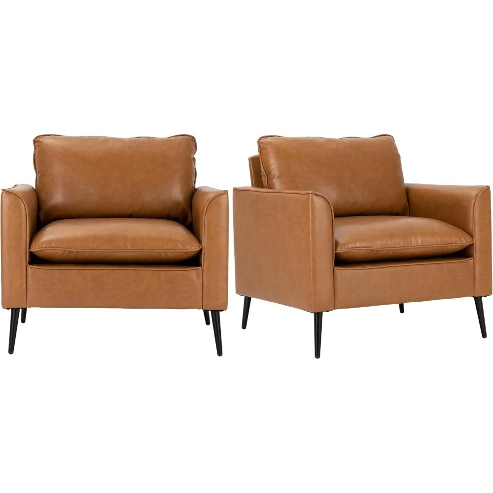 Set of 2 Modern Leather Chairs: Oversized Armchairs for Living Room - Cozy Mid-Century Accent Seating