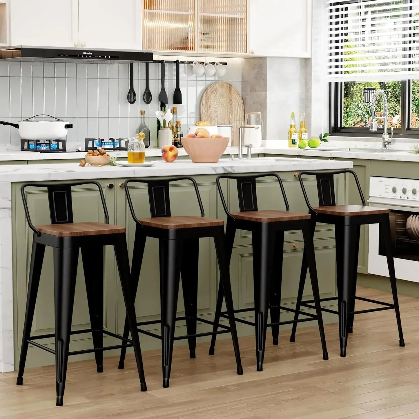 Xmsj.metal Set Of 4 Counter Height Bar Stools stools With Removable Back 26" Kitchen    Wooden Seat,