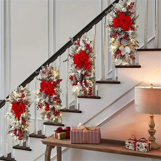 3Pcs Artificial Christmas Teardrop Swags Christmas Wreath with Christmas Balls&Bow Large Garland Swag Ornament for Door Stairs