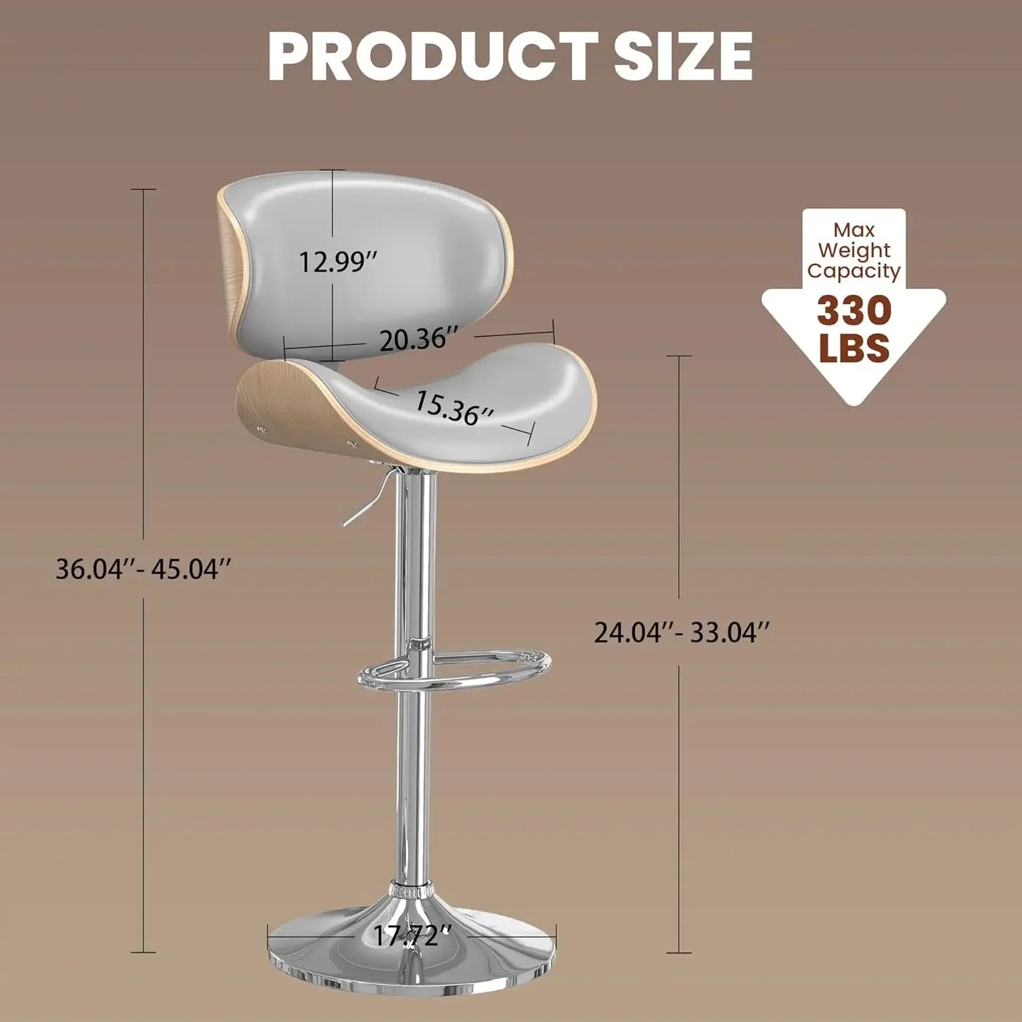 Bar Stools Set of 4, Bar Stools for Kitchen Island with Bentwood Back and Leather Seat, Swivel Bar Stools for Kitchen Counter