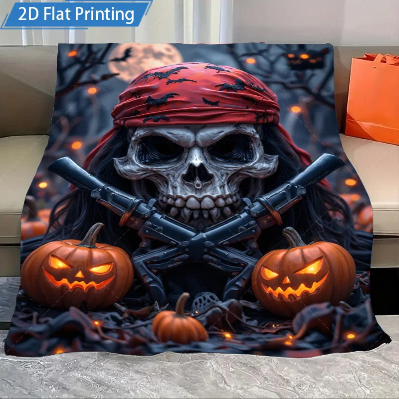 1pc Flannel Blanket Halloween Skull Pumpkin Blanket - Spooky Gothic Style Cozy Throw
