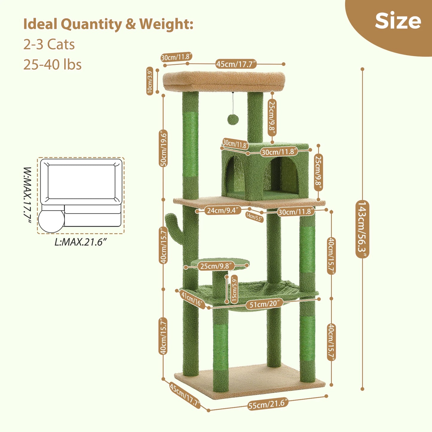 Green Cat Tree for Indoor Cats,  Large Hammock Cat Condo with Big Top Perch 5-Level Cat Tower for Large Cats with Metal Frame