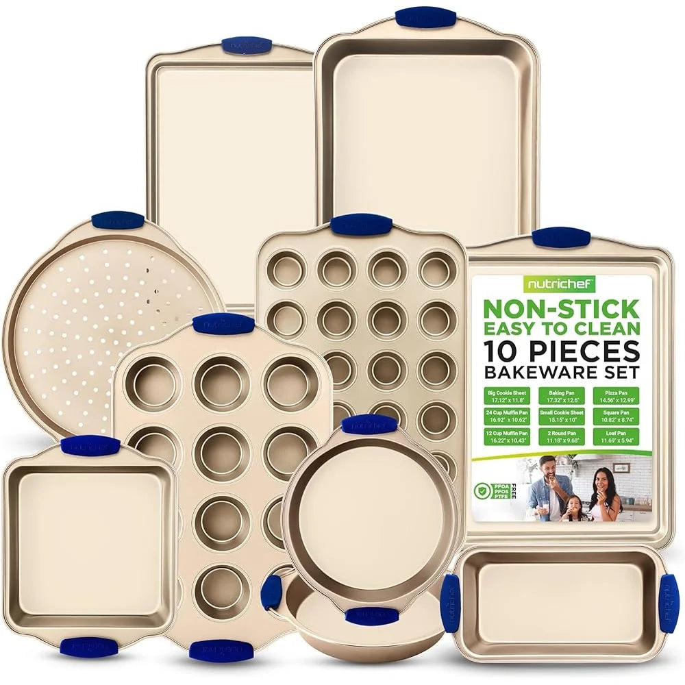 10-Piece Nonstick Bakeware Set Carbon Steel Baking Trays with Silicone Handles Pizza Crisper Loaf Muffin Pans Oven Safe