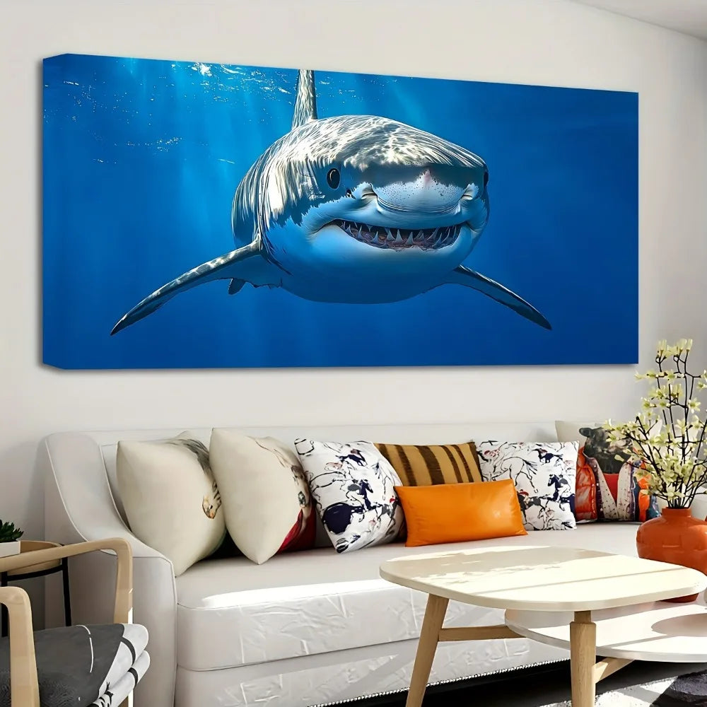 1.5 inch thick pine solid wood frame,Marine animal Great white shark poster,canvas printed wall art,modern home, aesthetic decor