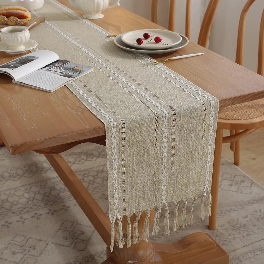 MACT Rustic Table Runner with Tassels Cotton Linen Embroidered Table Runners for Dining Table Decorations Holiday Party Wedding