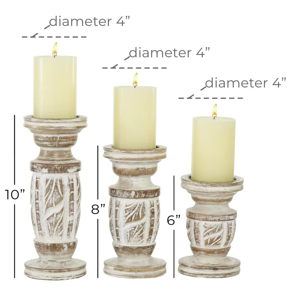 White Wash Wood Candle Holder Set of 3 Rustic Lanterns Centerpiece Home Decor Elegant Tabletop Accent Pillar Holder