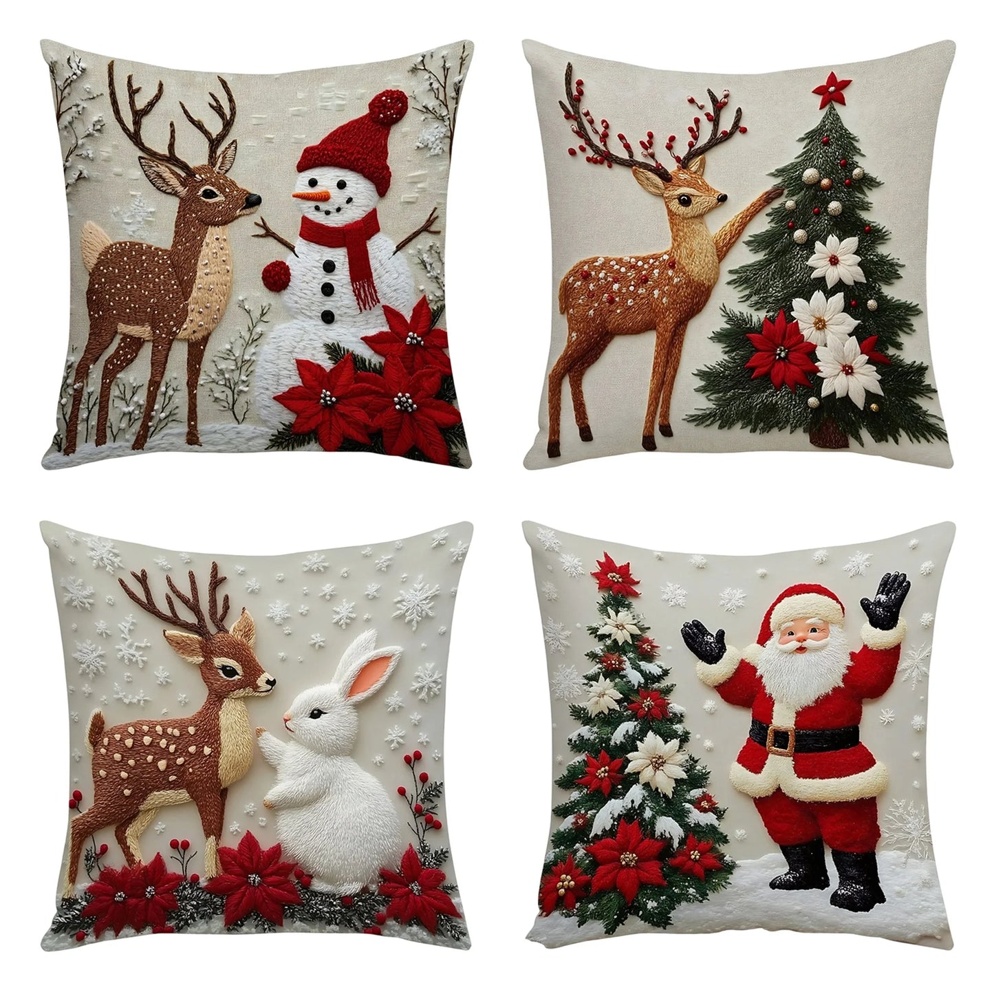 Set of 4 Christmas Pillow Covers featuring Santa Claus Reindeer and Christmas Tree Designs - Festive Holiday Pillow Cases