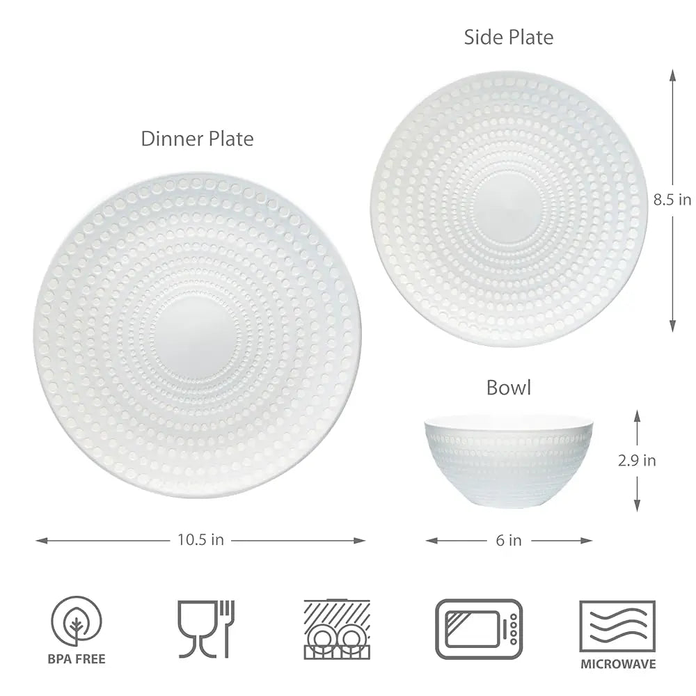 Ceramic Dinnerware Set Serive For 4 (12 Pieces), Stoneware Plates And Bowls For Dining Pearl White Dishes Set With Dotdot