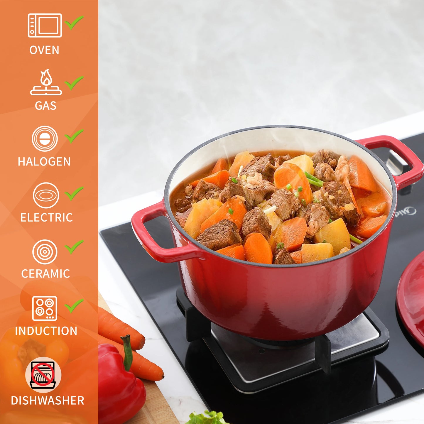 Velaze Dutch Oven 5L Cast Iron Pot with Stainless Steel Knob Lid, Naturally Non-Stick Enamelled Casserole 23cm 3 color Option