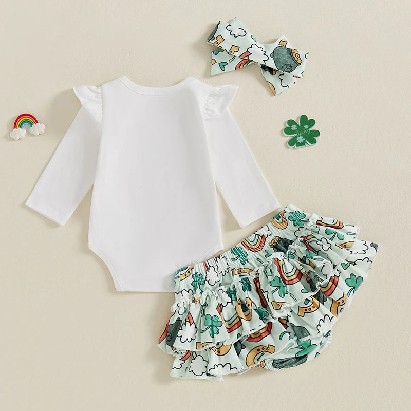 St Patrick s Day Toddler Girl Green Shamrock Print Long Sleeve Romper Ruffles Shorts Headband 3-Piece Outfit Set