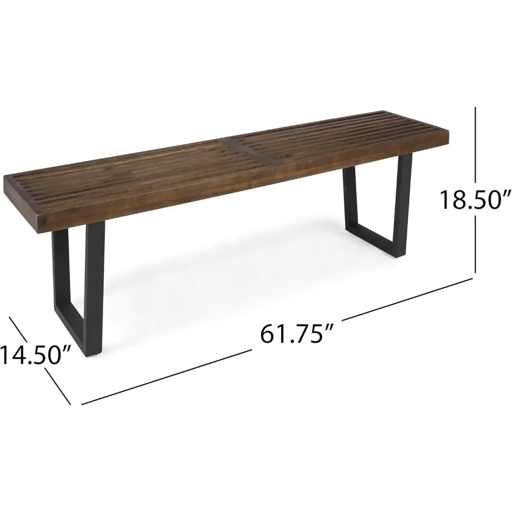 JOA Patio Dining Bench, Acacia Wood with Iron Legs, Modern, Contemporary, Dark Brown and Black