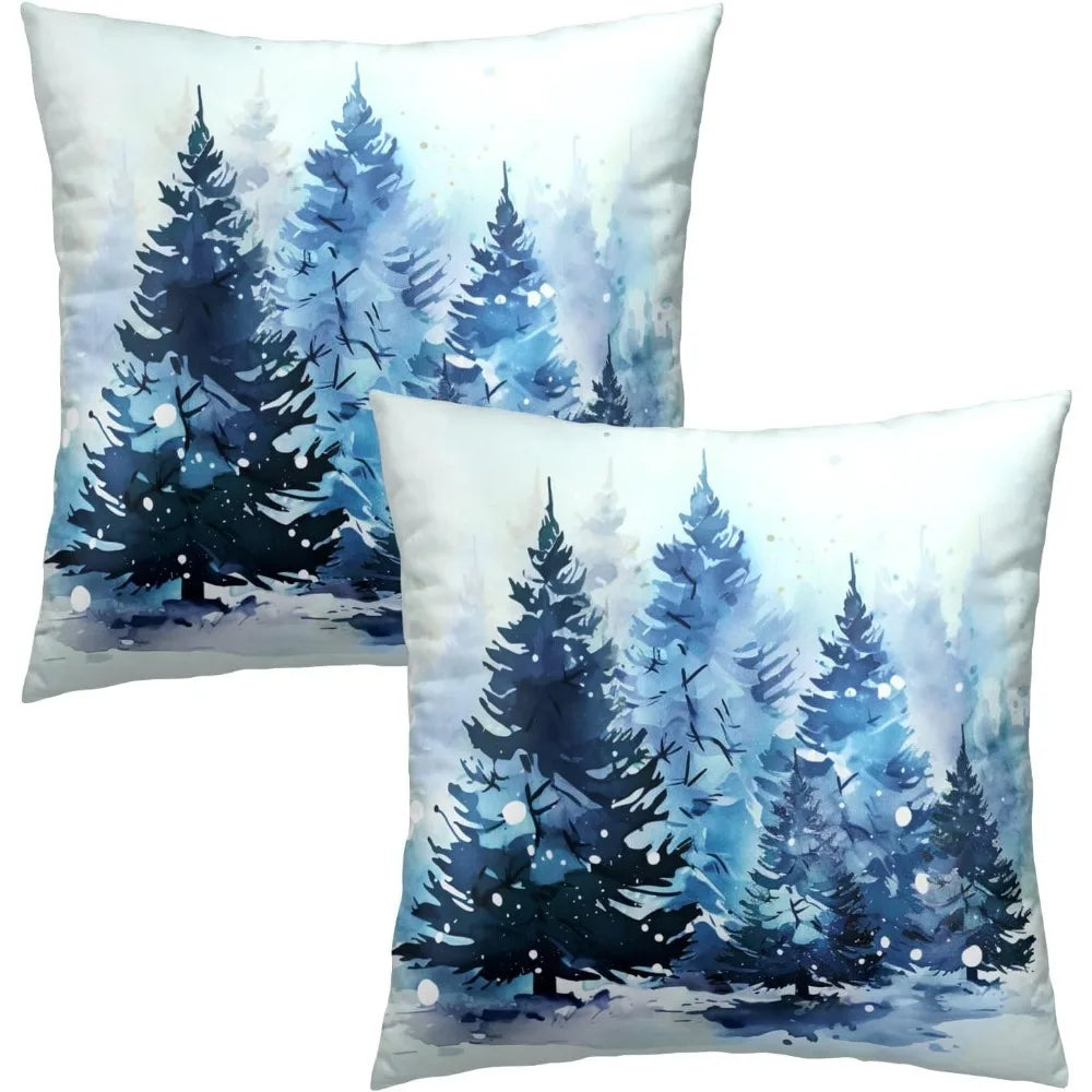 Christmas Throw Pillow Covers 18x18 Set of 2, Rustic Winter Blue Trees Snows Pine Forest Farmhouse Decorative Pillow Cases Cotto