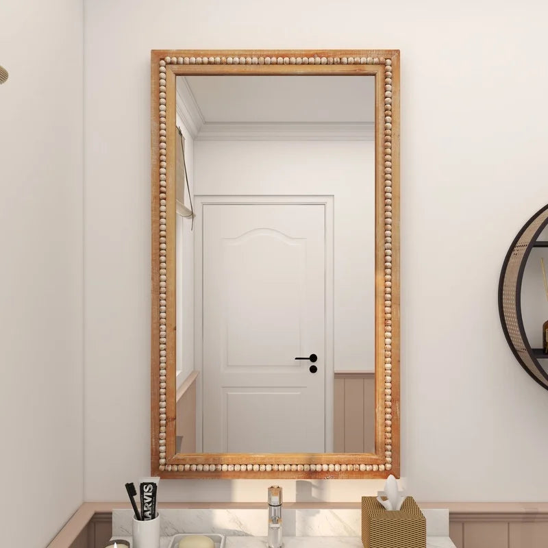 Beaded Detail Wood Wall Mirror Large Rectangular Decorative Mirror Entryway Living Room Indoor Home Décor