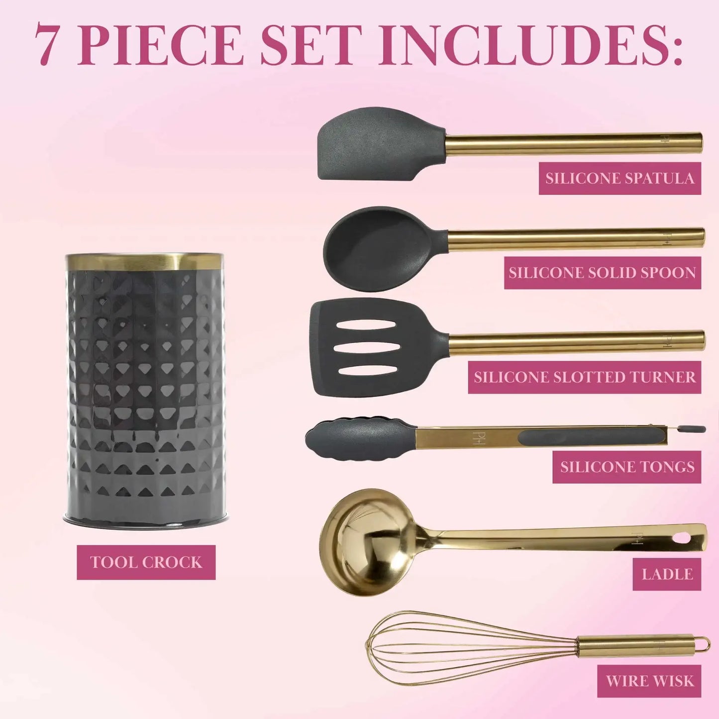 7-Piece Gray Cooking Utensil Set, Stainless Steel with Silicone Head, Non-Scratch Kitchen Tools for Non-Stick Cookware