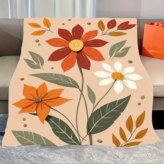 1pc Flannel Blanket Autumn Floral Throw Blanket - Cozy Home Decor with Orange and White Flowers
