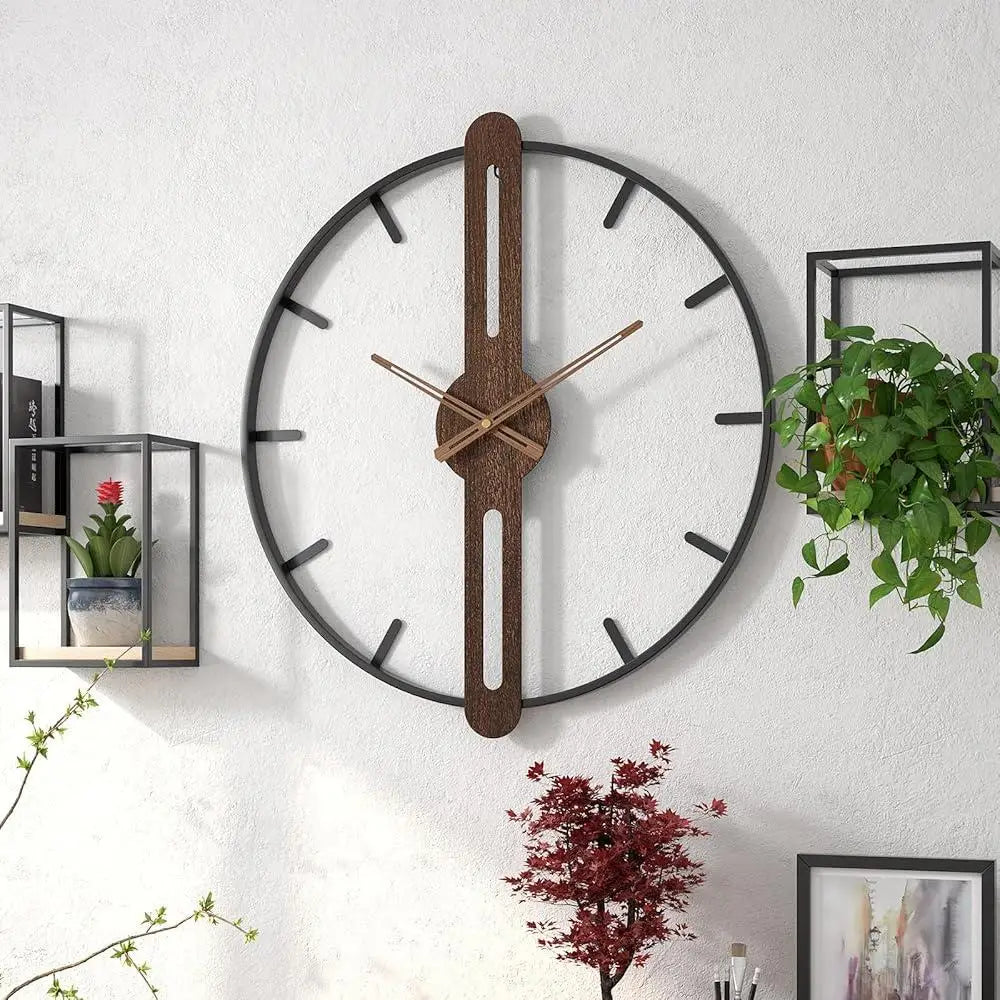 Modern Large Walnut Dial Wall Clock Silent Non Ticking Metal Frame Decorative Clock Living Room Bedroom Kitchen Study