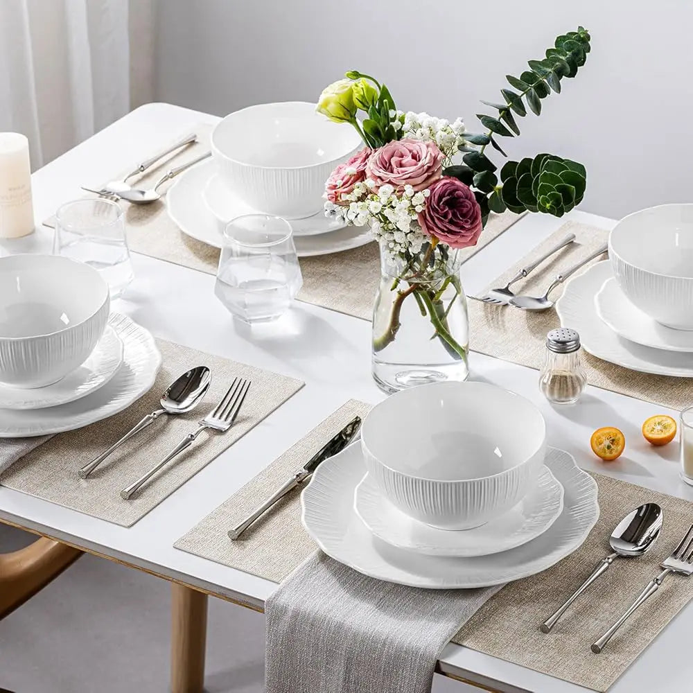 Porcelain Dinnerware Sets For 4, 12 Piece Plates And Bowls Set, Scratch-Resistant, Microwave & Dishwasher Safe Dishes, Kitchen