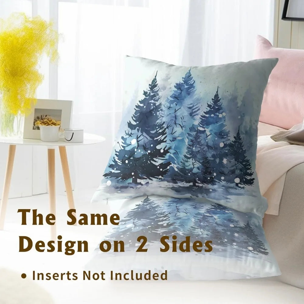 Christmas Throw Pillow Covers 18x18 Set of 2, Rustic Winter Blue Trees Snows Pine Forest Farmhouse Decorative Pillow Cases Cotto