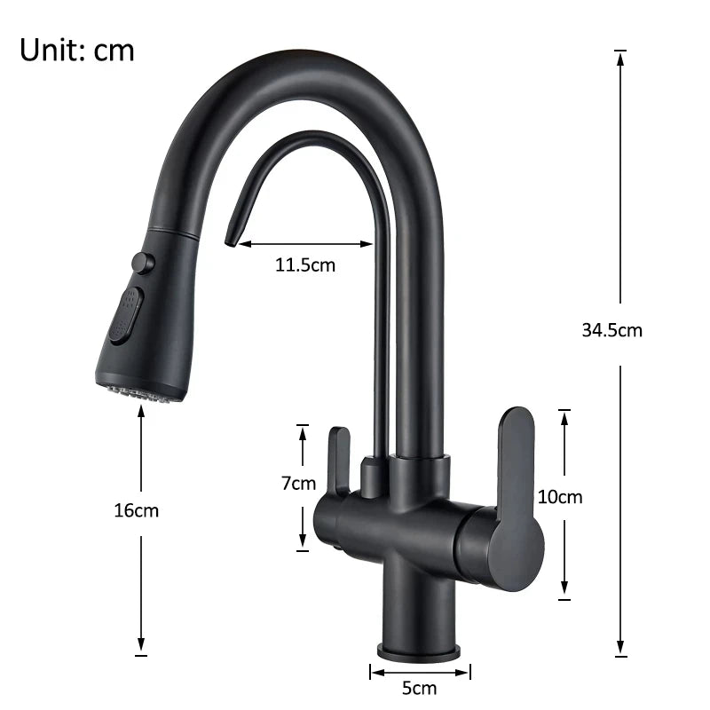 Filtered Crane For Kitchen Matte Black Pull Out Spray 360 Rotation Water Filter Tap Three Ways Sink Mixer Kitchen Faucet