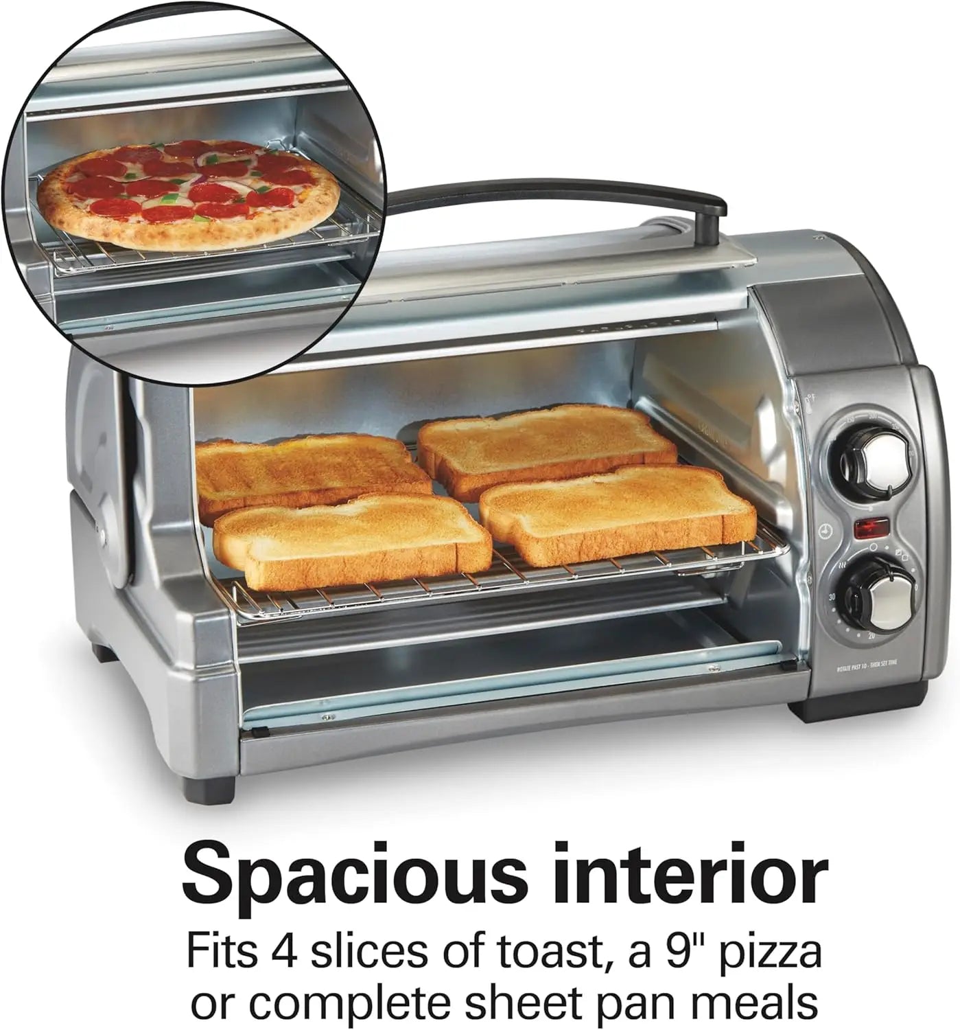 4-Slice Countertop Toaster Oven With Roll-Top Door, 1200 Watts, Fits 9” Pizza, 3 Cooking Functions for Bake