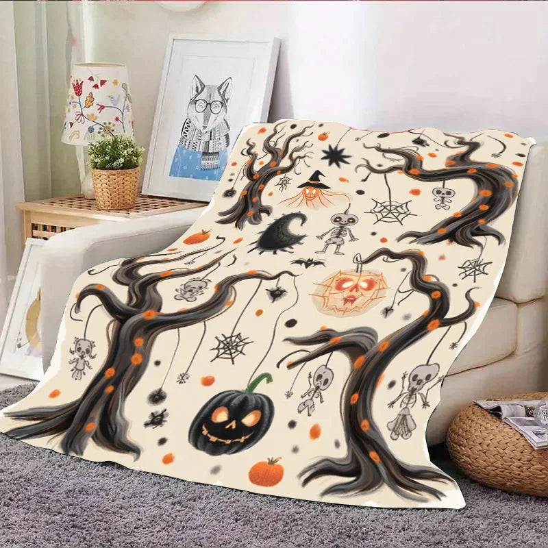 Flannel Blanket-Soft Lightweight All-season Halloween Themed Baby Blanket with Spooky Pumpkin Skeletons and Bats Design