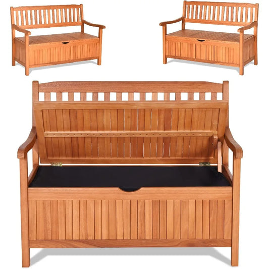 Safstar Outdoor Patio Bench with Storage Box, 33 Gallon Capacity, Wooden Frame, Eucalyptus Material, Natural Color, 42 x 23 x 35