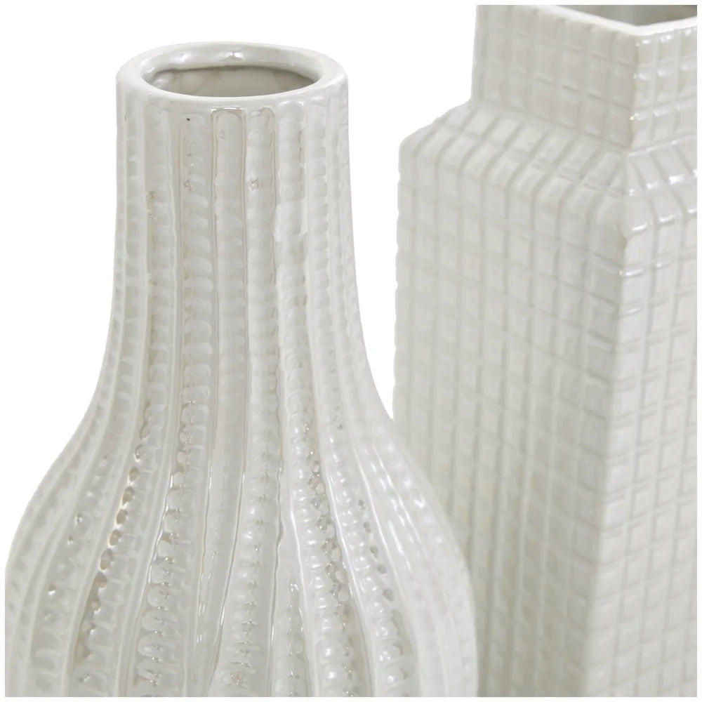 Geometric Textured Cream Ceramic Vase Set Modern Decorative Home Accent Indoor Use Unique Shapes Grid Patterns 3 Pack