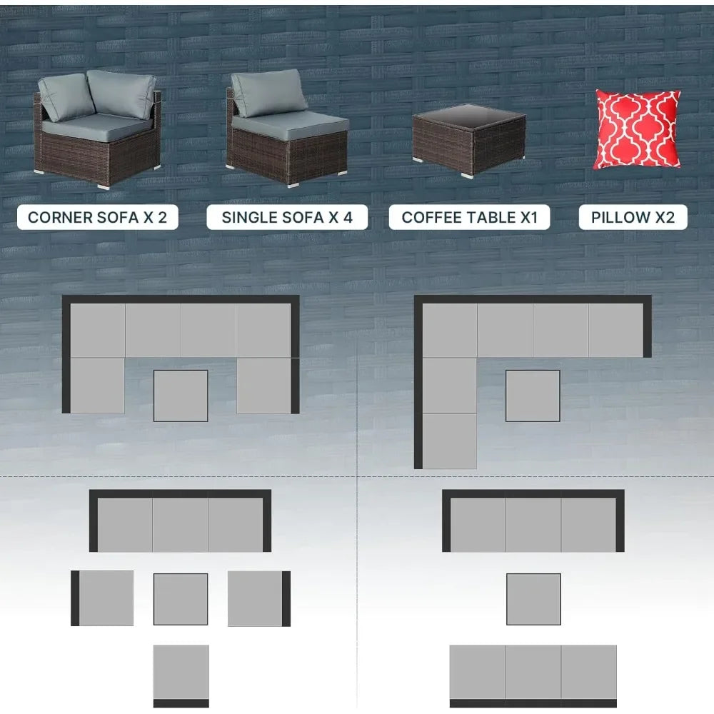 7 Pieces Patio Furniture Sets, Outdoor All-Weather Sectional Patio Sofa Set PE Rattan Manual Weaving Wicker Patio Conversation