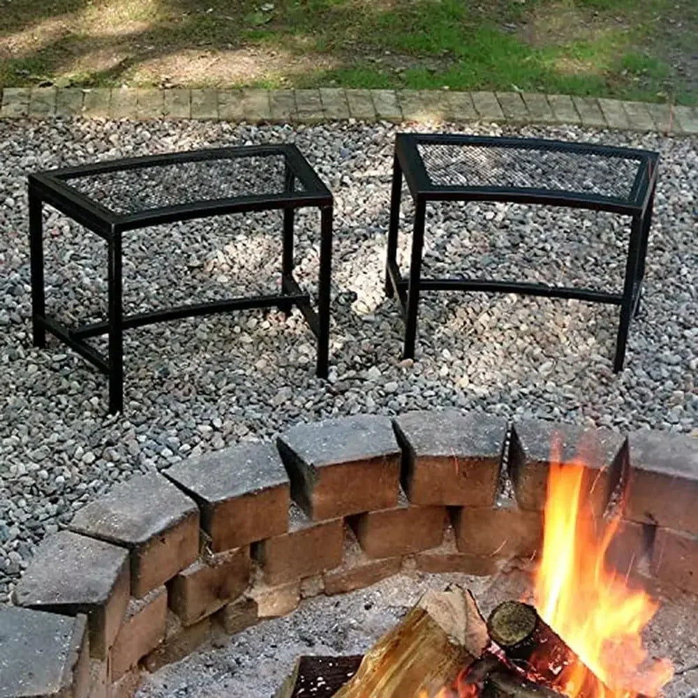 Black Metal Mesh Fire Pit Bench Set of 2 Curved Design Outdoor Campfire Seating Lightweight Alloy Construction 23"x13"x16
