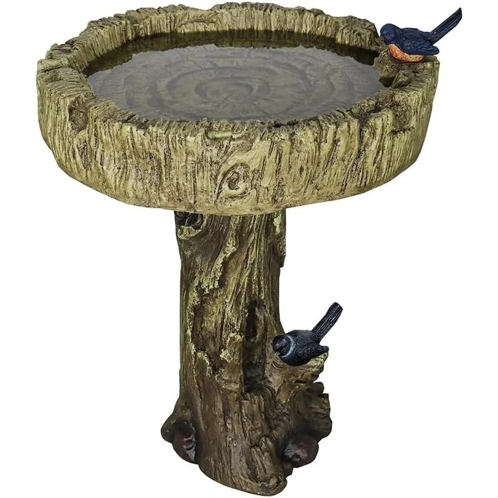 Outdoor Garden Bird Bath 24.4 Inch Fibre Reinforced Concrete Fountain with Woodland Tree Trunk Design Bird Figurines Yard Decor