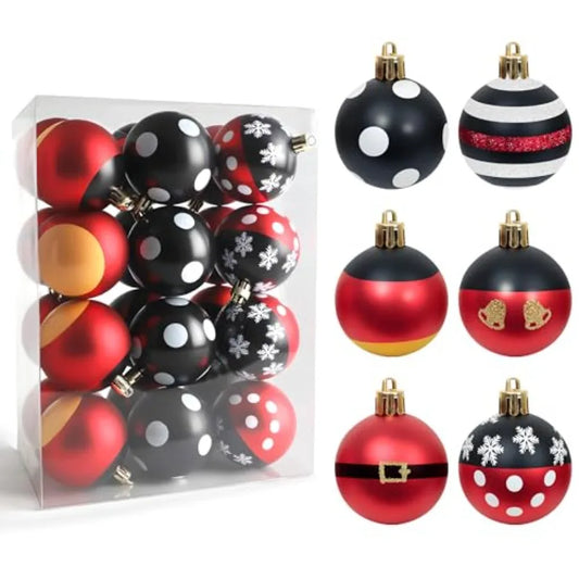 24 Pcs Christmas Ball Ornaments Set 2.36 Mouse Red Black Christmas Tree Decorations Plastic Shatterproof Hanging Baubles for Ho