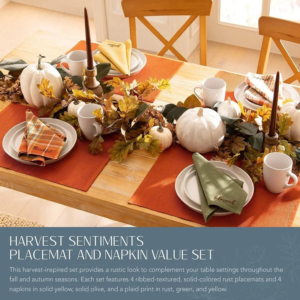 Autumn Cotton Napkin and Placemats Set 8 Pieces Thanksgiving Table Decor Ribbed Textured Cloth Easy Care Home Dining