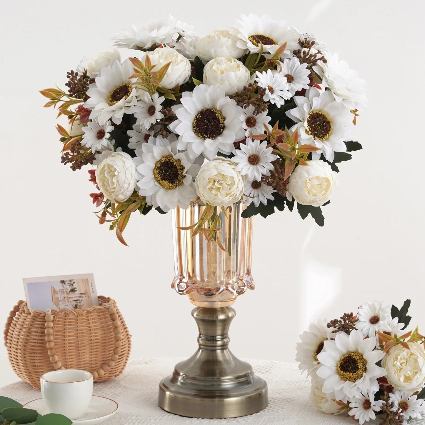 1/4Pcs Sunflowers peony Artificial Flowers Fall Summer Decor, Fake Fall Flowers Silk Faux Sunflower Bouquet Vines room decor