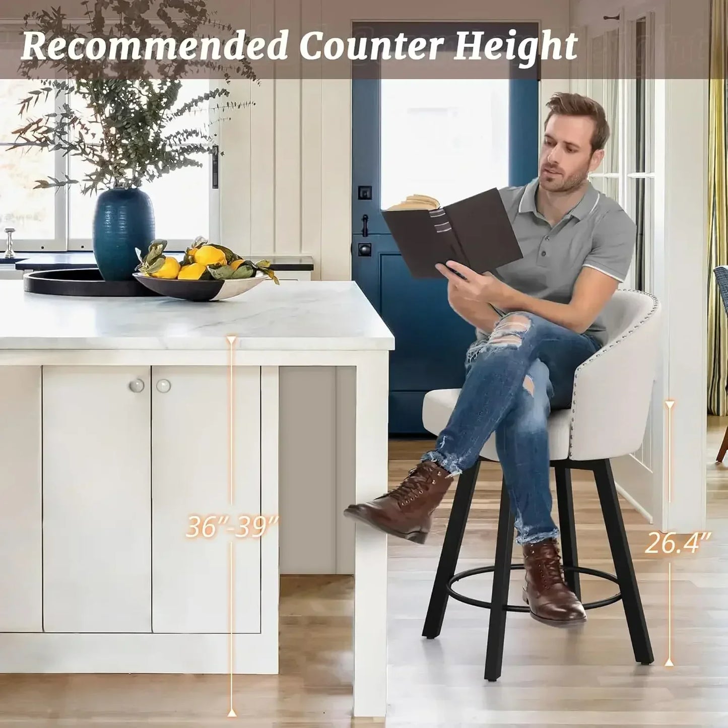 XMSJ.Counter Height Bar Stools Set of 3, 26" Swivel Fabric Upholstered Bar Stools, Retro for Kitchen Island, Dining Room, Pub, B