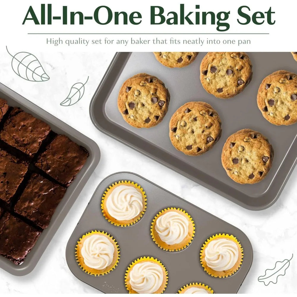 Goodful All-In-One Nonstick Bakeware Set, Stackable and Space Saving Design includes Round and Square Pans, Muffin Pans, Cookie