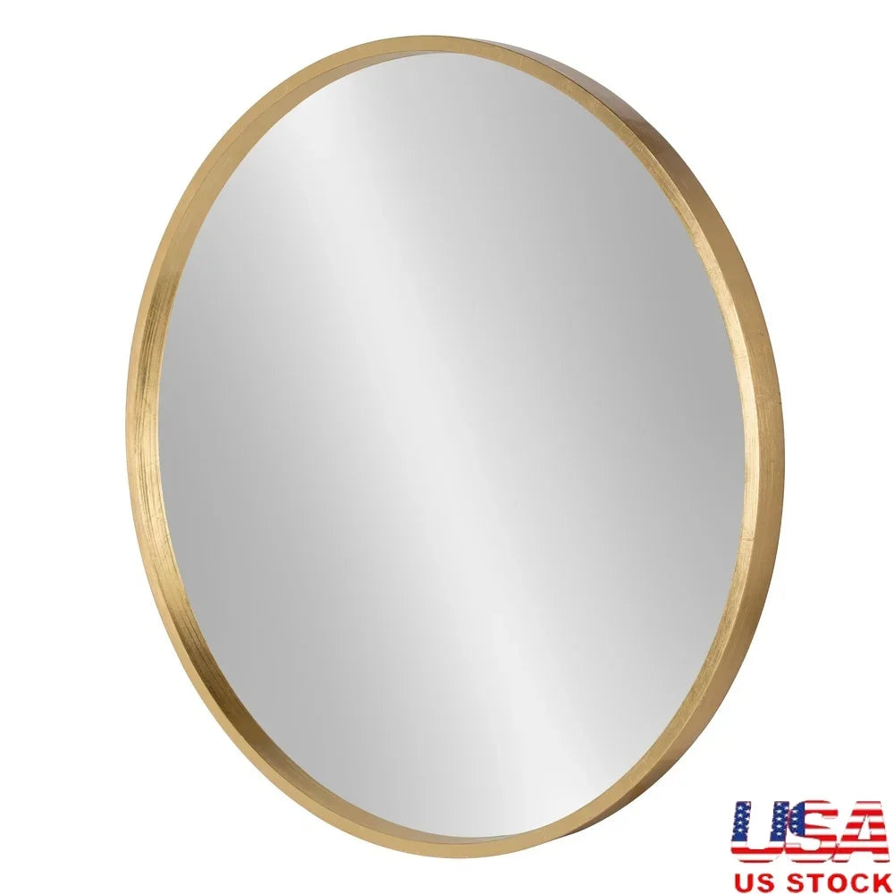 Round Wood Wall Mirror Modern Glam Accent Reflective Decorative Hanging Mirror Living Room Bedroom Bathroom Decor 25.6 inch