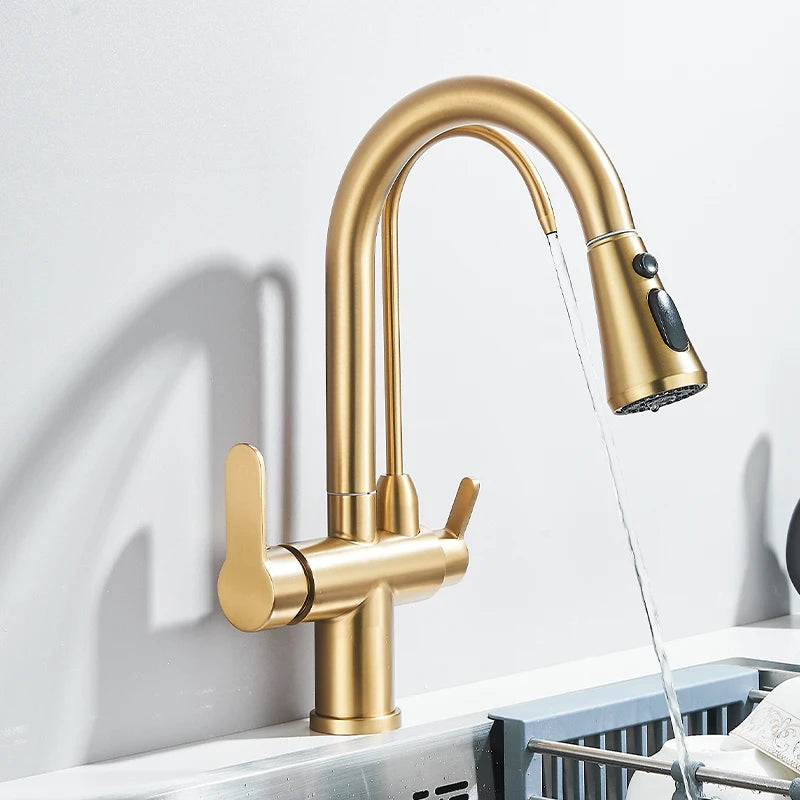 Filtered Crane For Kitchen Matte Black Pull Out Spray 360 Rotation Water Filter Tap Three Ways Sink Mixer Kitchen Faucet