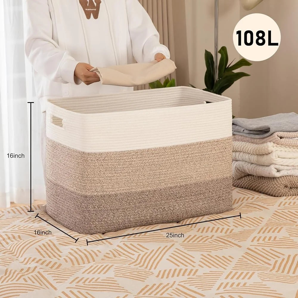 Large Cotton Rope Storage Basket Blanket Toy Organizer Woven Basket with Handles Living Room Nursery Bedroom Laundry