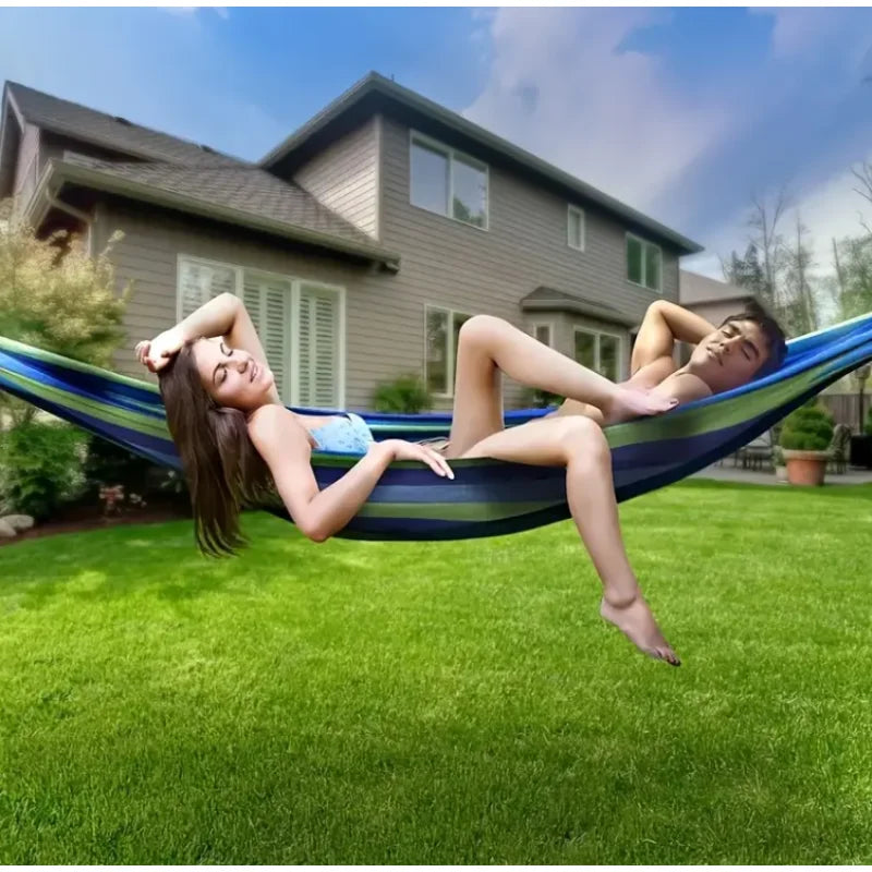 Vibrant Blue & Green Striped Outdoor Hammock - Breathable, Anti-Rollover Design with Secure Knots, Perfect for Garden, Balcony &