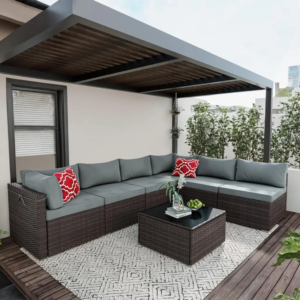 7 Pieces Patio Furniture Sets, Outdoor All-Weather Sectional Patio Sofa Set PE Rattan Manual Weaving Wicker Patio Conversation