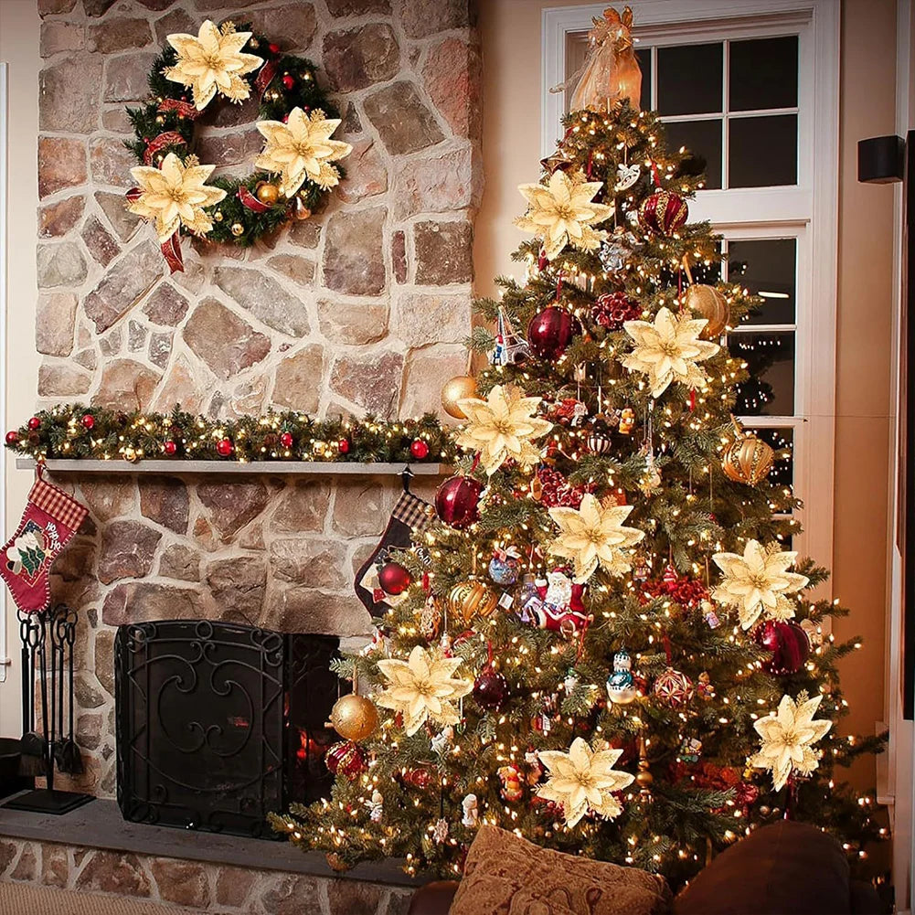 12/24/36Pcs Christmas Glitter Artificial Flowers Decorative Xmas Tree Poinsettia Flower Hanging Ornament for Stairs Window Decor